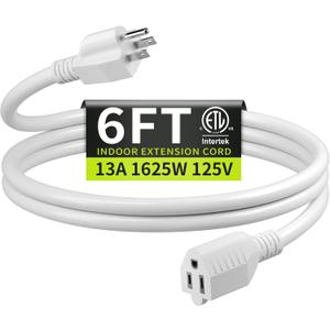 16/3 White Extension Cord 6 FT, Indoor Extension Cord for Laptops, Coffee Makers, Office Home Appliances, 3 Prong Resistant Cable Flexible, 13A 125V 1625W ETL Listed