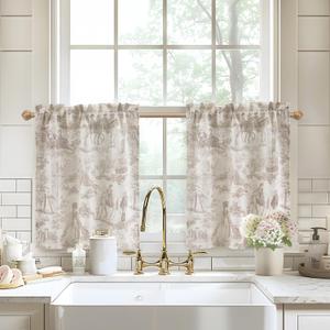 DriftAway Kitchen Curtains Toile Tier Linen Short Curtains Cafe 26 Inch Length for Living Room Bathroom Farmhouse French Country Vintage Printed Pattern Rod Pocket 2 Panels Beige