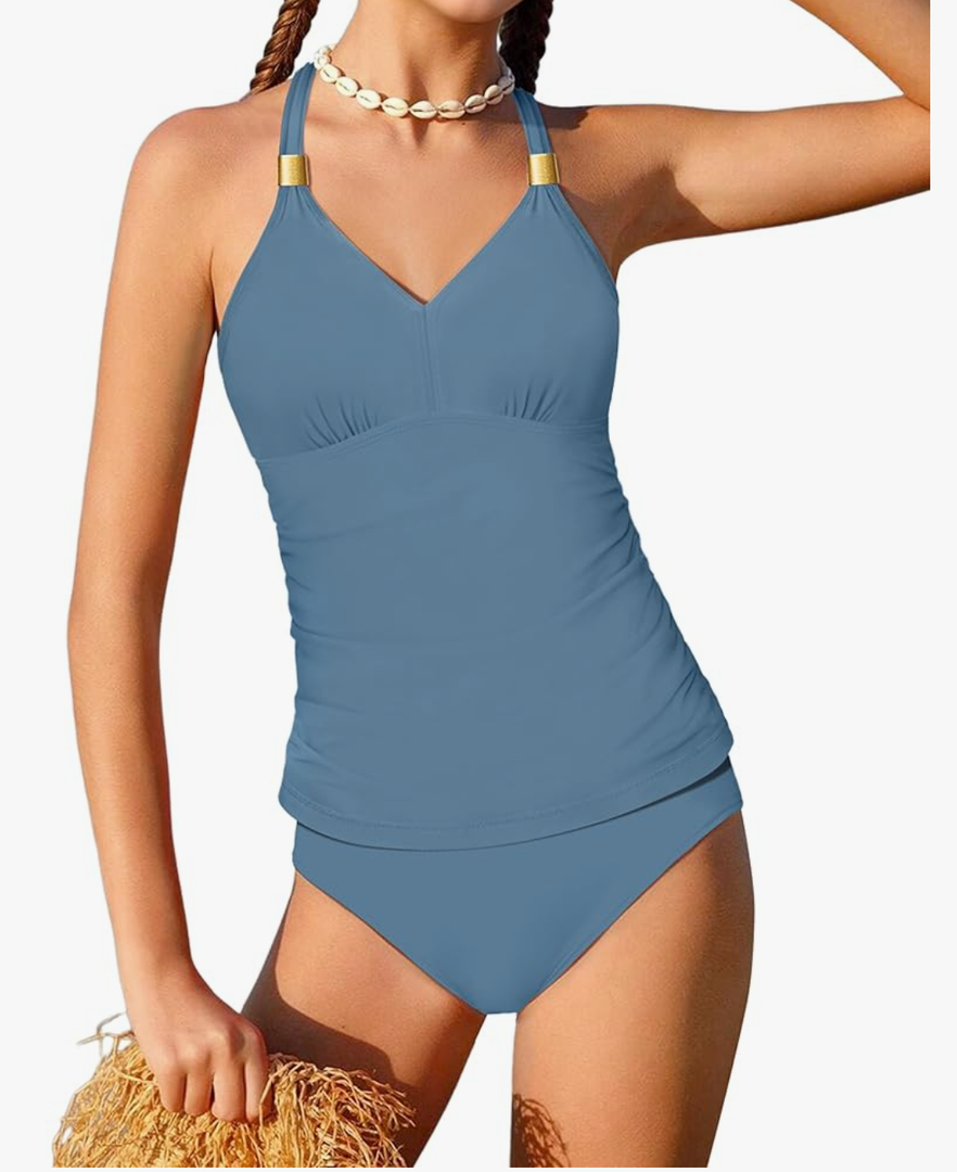 NECIOUS Teen Swimsuits for Girls SIZE 15-16 Two Piece Teen Bathing Suits Girls Tankini Set Blue Halterneck Ruched Cute V-Neck Swimwear,