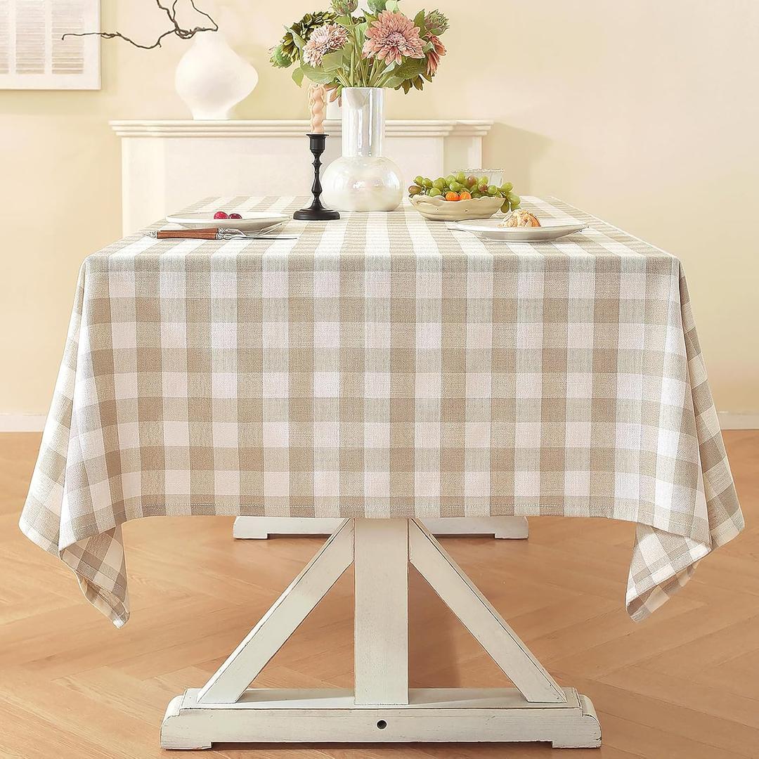Laolitou Beige Checkered Tablecloth Rectangle Tables Buffalo Plaid Gingham Table Cloth Cotton Linen Rustic Tablecloths Washable Wrinkle Free for Party Picnic Kitchen, 60"x120" 10-12 Seats