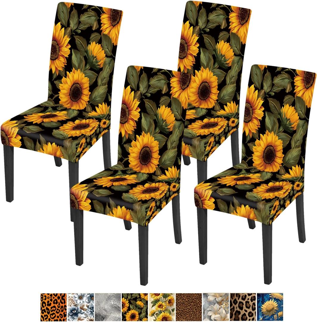 Sunflower Spring Chair Covers Set of 4, Stretchable Kitchen Chair Covers Dining Room Yellow Sunflower Decorations Dining Chair Slipcovers Chair Protectors