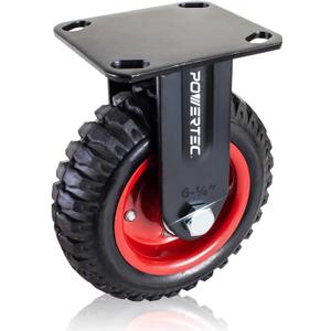POWERTEC 6 Inch Caster Wheels, Heavy Duty Fixed Plate Casters with Rubber Knobby Tread for Workbench, Dolly, Cart, Trolley, Wagon, Toolbox and Chicken Coop, Large Rubber Castor Wheels, 1PK (17052V)