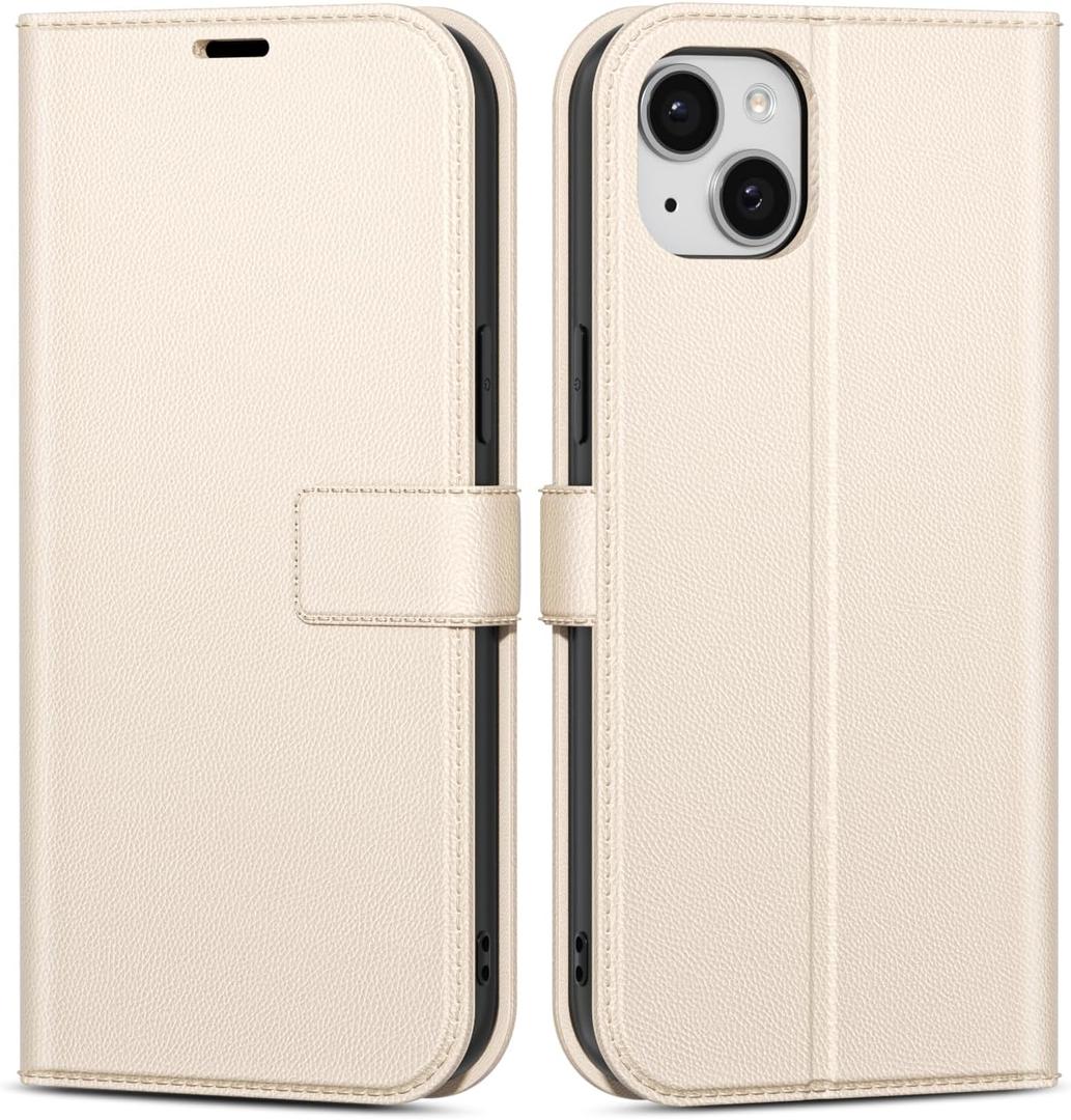 oakxco for iPhone 14 Plus/ 15 Plus Wallet Case with Credit Card Holder, Magnetic RFID Slim Folio Book Flip Leather Phone Case for Women Men Girl, Cute Silicone Rubber Shockproof Cover, Beige White