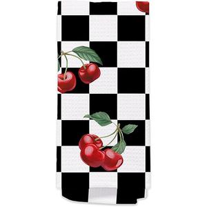 Cherry Hand Towels for Kitchen Bathroom - Retro Black and White Checkered Decorative Dish Tea Towels, Retro Plaid Cherry Kitchen Decor Accessories, Cherries Themed Housewarming Gifts New Home Idea