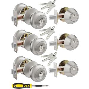 3 Set All Keyed Same Entry Door Knobs and Single Cylinder Deadbolt Combo Set for Entrance and Front Door, Keyed Alike Exterior Door Lock Set with Keys, Satin Nickel Deadbolt Lock and Door Knob Set