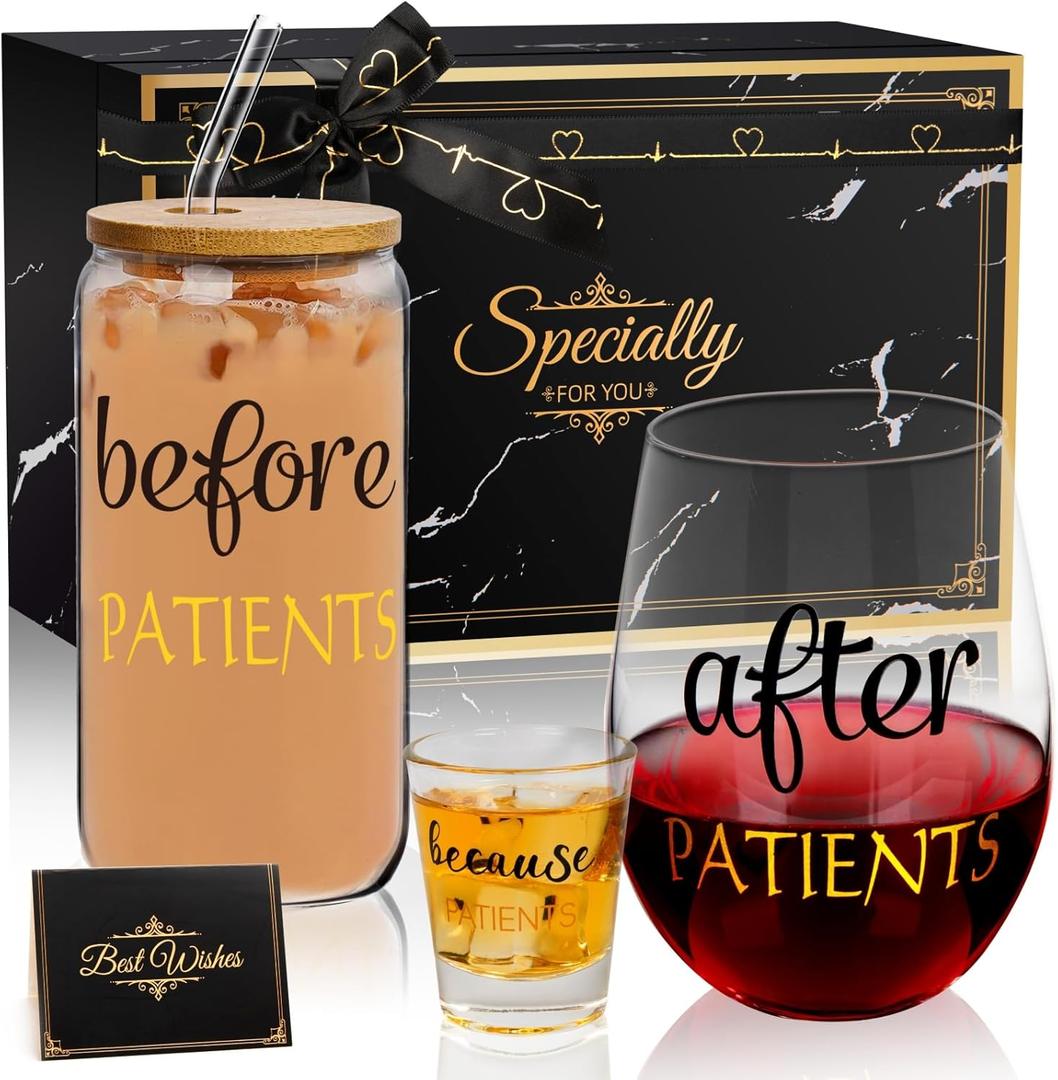 Before After Because Patients Gift Set 16 Oz Can Glass 18 oz Stemless Wine Glass and 2 oz Shot Cup Funny Gifts for Dentist Doctors Nurses Day Graduation (Black)