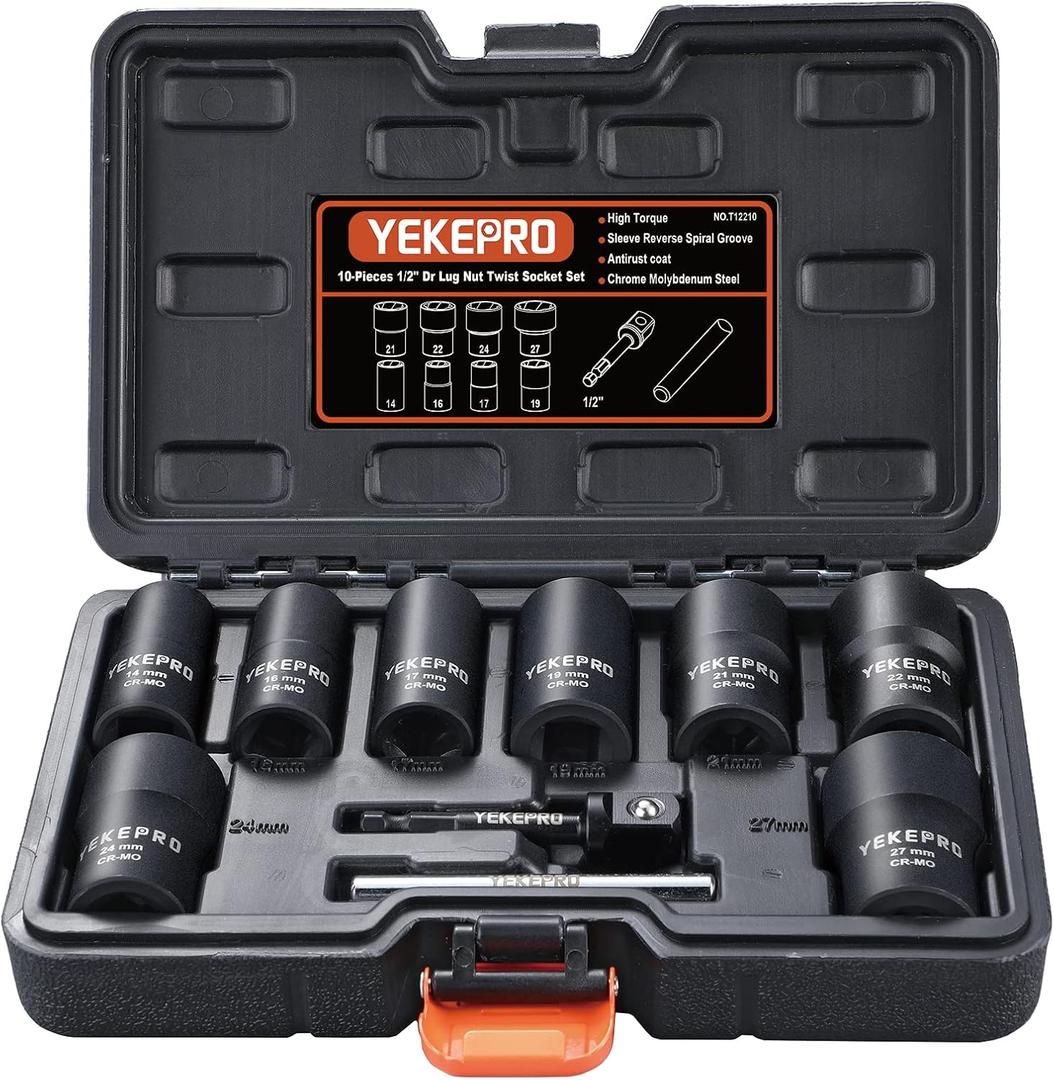 10Pcs Bolt Nut Extractor Set, 1/2" Drive Impact Twist Lug Nut Removal Socket Tool, Stripped For Damaged, Frozen, Studs, Rusted, Rounded-Off Bolts, Nuts & Screws, Cr-Mo Steel, T12210