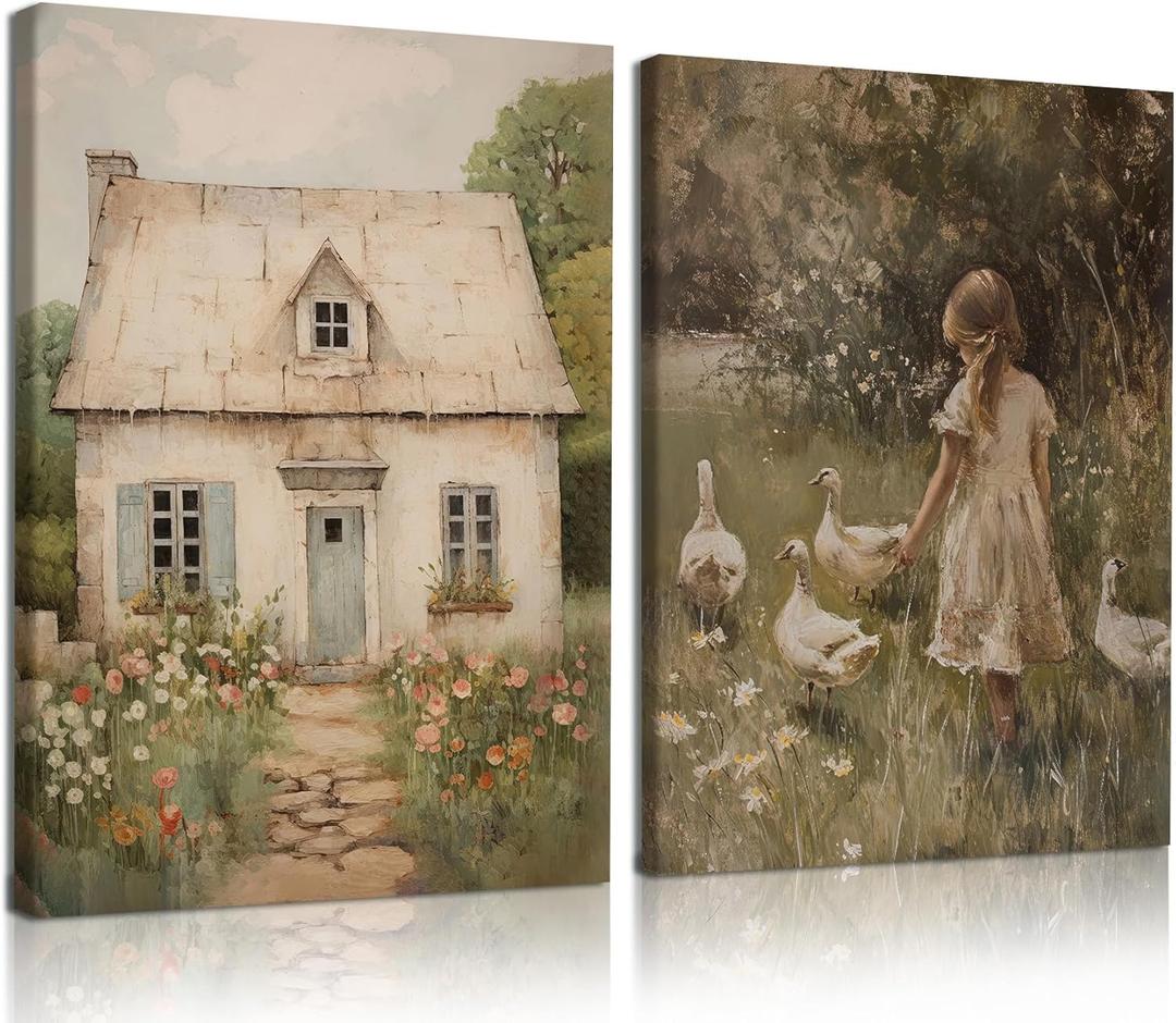 2 Pcs Framed Pastoral Scenery Canvas Wall Art, Country Farmhouse Girl with Goose Paintings Pictures Vintage Country Garden Easter Posters Prints for Living Room Bedroom Kitchen Wall Decor 16x24 Inch
