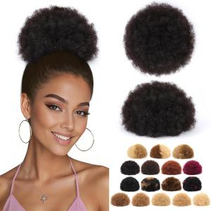 Afro Puff Drawstring Ponytail for Black Women #1B Natural Black Brazilian Virgin Human Hair 6 Inch Durable Natural Soft and Smooth Kinky Curly Short Ponytail for Natural Hair