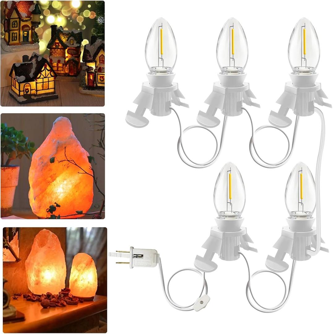 C7 Accessory Cord with 5 LED Clear Light Bulbs,E12 Base,White Lamp Cord with Switch for Christmas Village Houses/Ceramic Christmas Tree, as Halloween Lights/Christmas Tree Lights