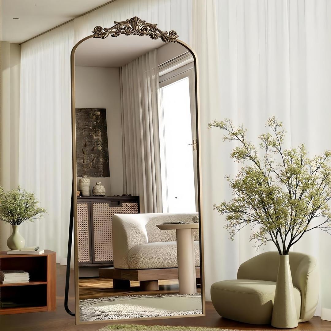 Dewfig Arched Full Length Mirror, 71"x28" Full Body Mirrors with Carved, Floor Mirror for HomeDecor, Standing/Halling Large Wall Mirror for Bedroom, Living Room, Cloakroom, Bronze, Retro Style