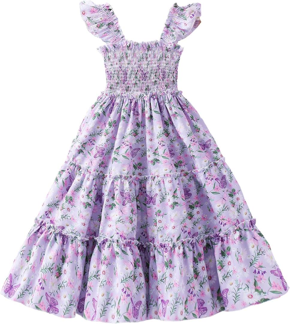 Little Girl Twirl Dress Kids Sleeveless Ruffle Tiered Smocked Dresses Girls Summer Outfits Beach Sundress (Purple), 5-6Y