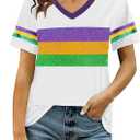 Carnival Shirts for Women Fat Tuesday V Neck Shirt New Orleans Carnival Sequins Short Sleeve Tee Tops (Medium, White)