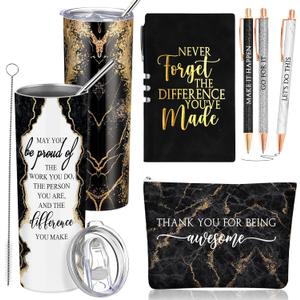 Domensi 6 Pcs Employee Appreciation Gift for Women Teacher Nurse Week Thank You Gift May You Be Proud 20 oz Rustic Marble Sign Tumbler Makeup Bag Journal for Graduation Work Business(Black)