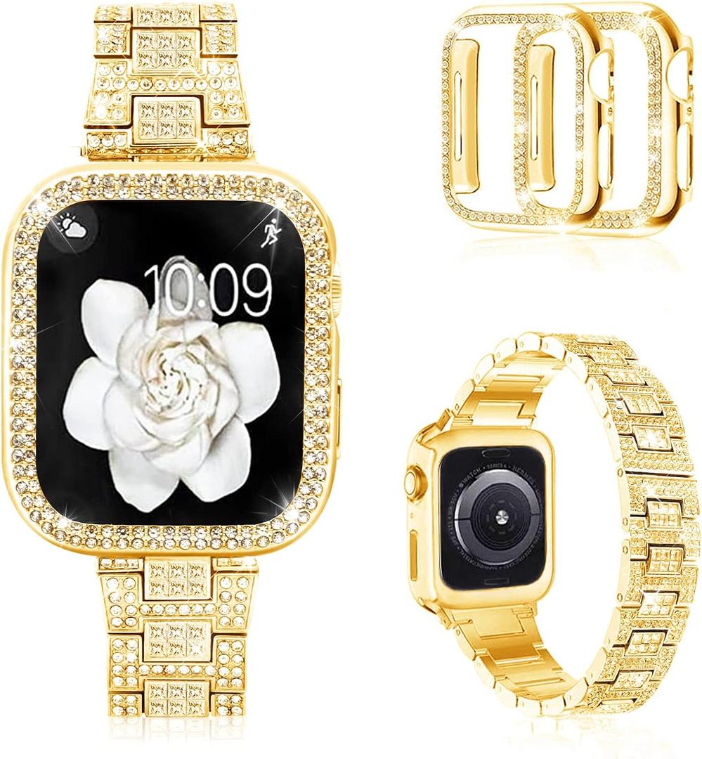 Mosonio Compatible with Apple Watch Band 38mm 40mm 41mm 42mm 44mm 45mm 46mm 49mm with 2 Pack Case Women, Jewelry Replacement Metal Bands Strap with Bling PC Protective Case for iWatch Ultra SE Series 10/9/8/7/6/5/4/3/2/1 (AA-gold)