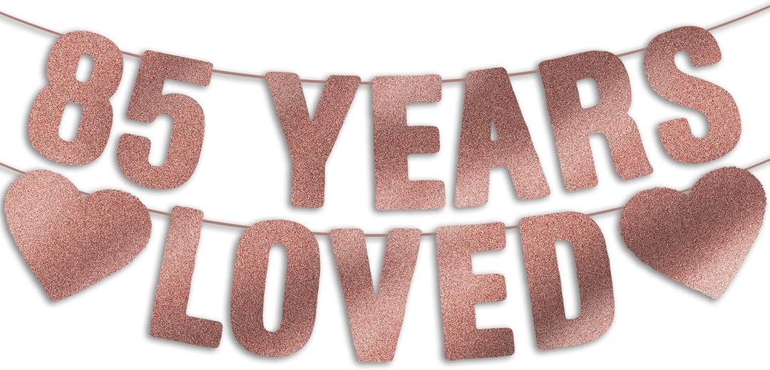 2 x Pre-Strung 85th Birthday Banner - Rose Gold Glitter, Happy 85th Birthday Party Decorations for Women, Funny 85 year old Anniversary Decor Bday Sign Gifts
