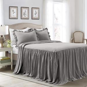 Lush Decor Ruffle Skirt Bedspread 3 Piece Set, King, Dark Gray - Gray King Bedding - Ruffled Bedspread - Vintage Farmhouse Decor