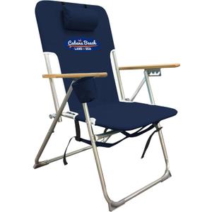 Cabana Beach Folding Beach Chair, 4 Position Portable Backpack Foldable Camping Accessories with Headrest, Cup Holder, and Wooden Armrests, Estate Navy Blue