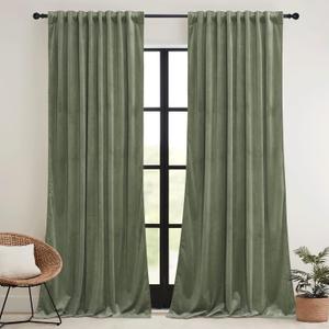 RYB HOME Sage Green Velvet Curtains with Hook Tape, Thermal Insulated Privacy Protect Decorative Room Divider Drapes for Home Theater, W 62 x L 90 inches, 2 Panels Set
