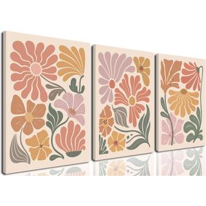 ZZALZSM Floral Boho Wall Art Set of 3 Retro Pastel Colors Flower Posters Minimalist Botanical Canvas Prints Modern Flowers Painting Pictures Mid-Century Decor for Living Room Bedroom 12x16in Framed