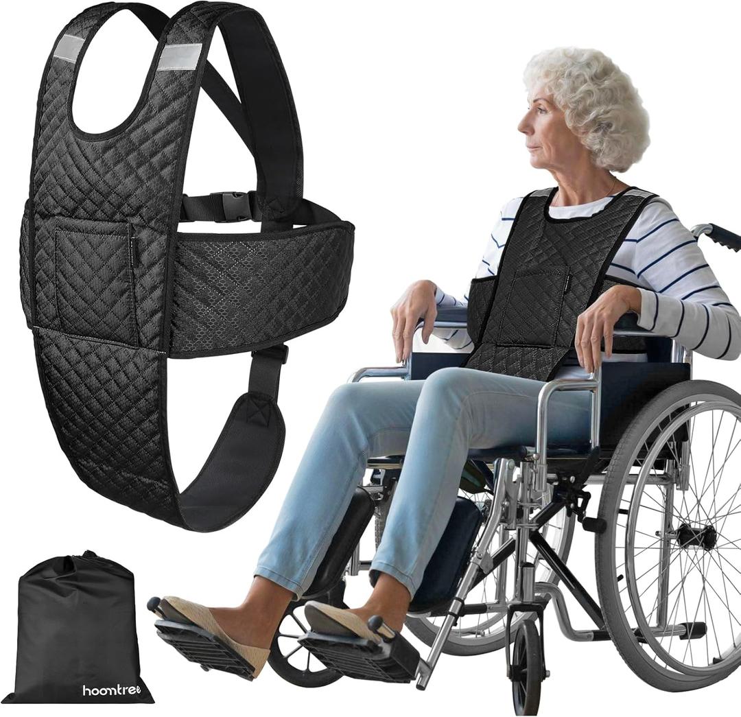Wheelchair Seatbelt with Pocket Wheelchair Seat Belts for Adults Anti-Slip & Adjustable Wheelchair Accessories Safety Belt for Seniors Elderly, Patients, Anti-Fall Wheelchair Harness Vest (Black)
