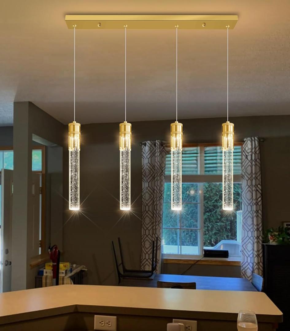 4 Lights Pendant Lights for Kitchen Island Modern Dimmable LED Crystal Chandelier Gold Pendant Light Fixture with Remote for Dining Room Living Room