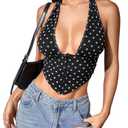 MakeMeChic Women's Cheetah Print Top Halter Corset Top Sexy Deep V Neck Going Out Tops Polka Dots X-Small
