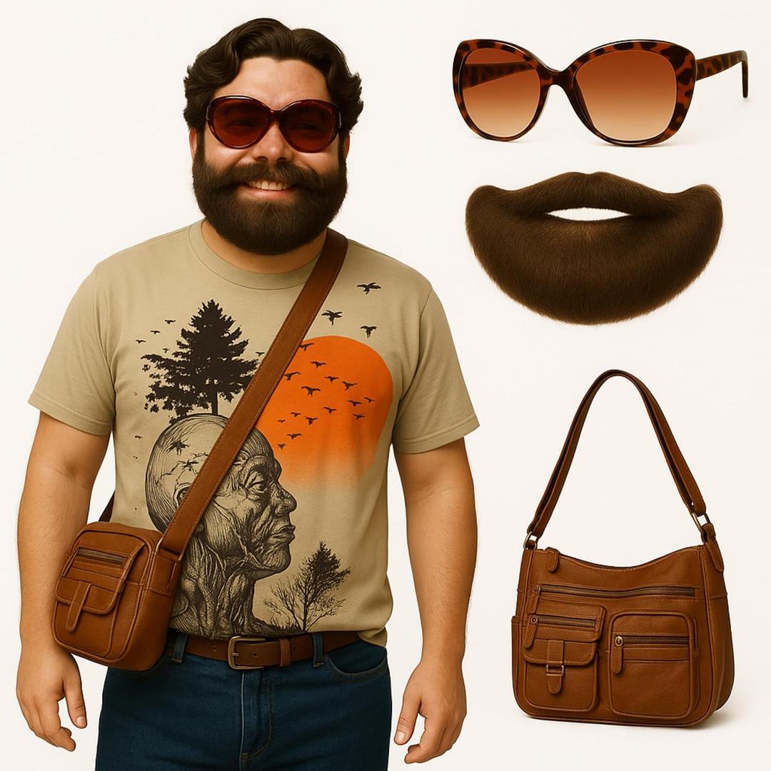 Mepase 3 Pcs Human Tree Shirt Costume Accessories Set Include Brown Beard Purse Satchel Bag and Retro Leopard Glasses for Men Halloween Character Cosplay Costume