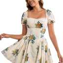 Parthea Women's Floral Square Neck Mini Dress Lace Puff Sleeve Off Shoulder Smocked Flowy A Line Summer Dresses for 2025, Large