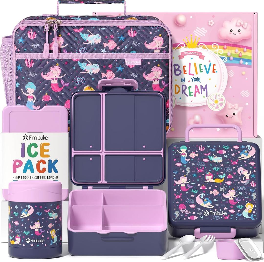 Fimibuke Kids Bento Snack Lunch Box with 4 Compartment, Insulated Lunch Bag, Stainless Steel Vacuum Thermo Food Jar, Ice Pack, Utensils Set, Birthday Gifts for Age 3-12 Back to School Toddler Girl Boy (A5.Mermaid)