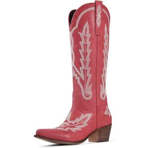 Ouepiano Cowboy Boots for Women Knee High Cowgirl Boots with Classic Embroidered Slip On Pointed Toe Chunky Heel Pull On Fashion Retro Tall Boot sz 8