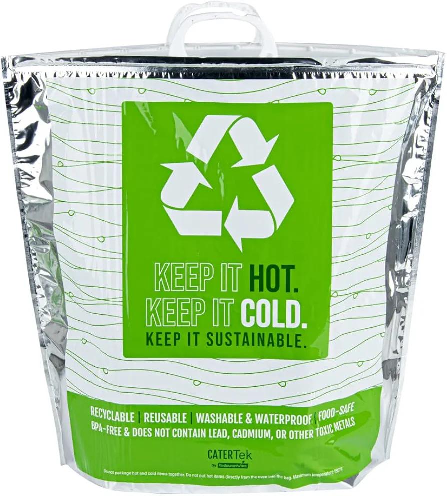 Restaurantware Cater Tek 20.1 x 7.1 x 20.1 Inch Hot And Cold Bag 1 Triple Layer Insulated Bag - Snap Lock Handles Waterproof Green & Silver Plastic Thermal Lunch Bag For Frozen & Hot Items