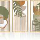 IARTTOP Large Sage Green Abstract Boho Wall Art Set Of 3 Geometric Wood Wall Art Mid Century Modern Artwork Neutral Bohemian Wall Decor for Living Room Bedroom Office-16 x 32 Inch