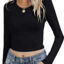 Women's Long Sleeve Crewneck Crop Top Sexy Slim Fitted Cotton T Shirt, Medium
