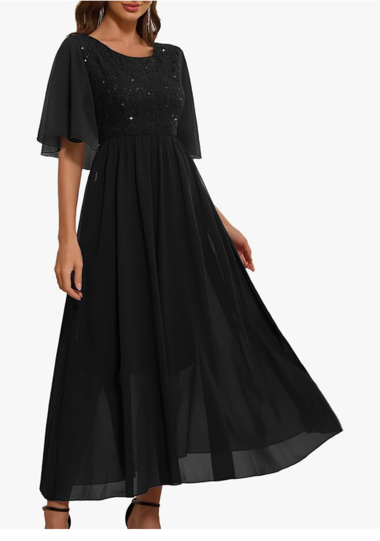 Women's Wedding Guest Long Dress Cocktail Party Formal Cape Ruffle Sleeve Chiffon Lace Sequin Dress, S Women's Wedding Guest Long Dress Cocktail Party Formal Cape Ruffle Sleeve Chiffon Lace Sequin Dress, S