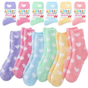 Geyoga 6 Pairs Valentine's Day Fuzzy Socks Gifts for Women Galentines Cozy Fluffy Soft Slipper Socks Bulk with Cards