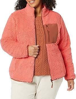 Amazon Essentials Women's Sherpa Long-Sleeve Mock Neck Full-Zip Jacket with Woven Trim Size M