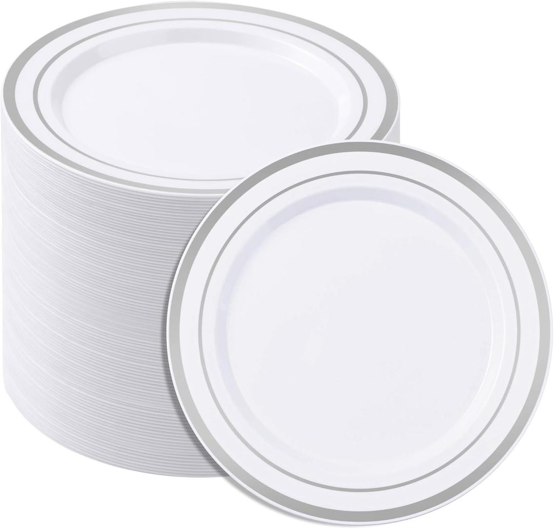 7 Inch White Plastic Plates,100PCS Disposable Dessert/Appetizer/Small Cake Plates with Silver Rim,Heavy Duty Plate Ideal for Christmas, Thanksgiving, Wedding and Birthday