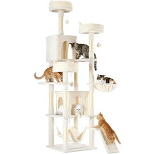 Sweetcrispy Cat Tree 75 Inch, Large Multi-Level Tall Cat Tree Tower with Condo, Perches, Sisal Scratching Posts Board and Hammock, Pet Play House with Dangling Balls for Indoor Cats, Beige (65IN)