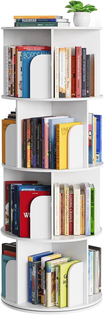 SpaceAid Cross Style 4 Tier Rotating Bookshelf, Spinning 360 Bookcase Lazy Susan Tower, Vertical Revolving Books Shelf Storage Round Carousel Space Saving Organizer, White