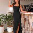 BORIFLORS Women's Elegant Bodycon Ruched Maxi Cocktail Dress Mesh Sleeveless Mermaid Ruffle Beach Wedding Guest Long Dresses (Black, M)