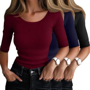 Ficerd 3 Pack 1/2 Sleeve Tops for Women Half Sleeve Scoop Neck T Shirts Ribbed Slim Fit Casual Elbow 2025 Summer Basic Tee (Large, Black, Navy, Burgundy)