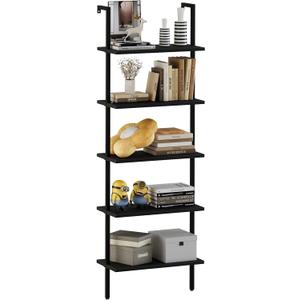 aboxoo Ladder Shelf Open 5-Tier Bookshelf Wall-Mounted Black Wood Bookcase Storage Rack Open Industrial Modern Plant Stand Utility Organizer Bookcase Metal Frame Furniture Office Bedroom