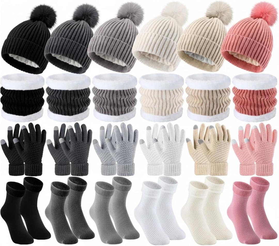 30 Pcs Winter Beanie Scarf Gloves Socks Set for Women Men, Fleece Lined Neck Warmer Touchscreen Glove Earmuff Gift (Classic Colors)