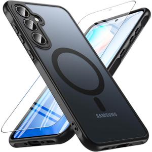 Magnetic for Samsung Galaxy A35 5G Case with Tempered Glass Screen Protector, Compatible with MagSafe, Shockproof Protective Translucent Back Phone Case Cover for Samsung A35 5G (Black)