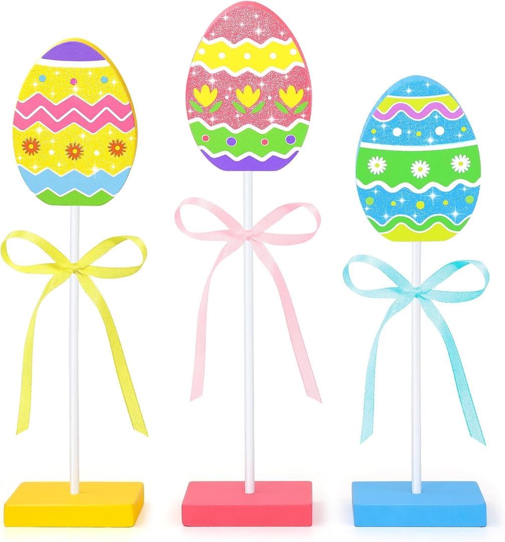 3 Pcs Easter Table Decorations, Easter Tiered Tray Decor, Colorful Wooden Easter Eggs Signs, Glitter Easter Decoration Farmhouse Tabletop Centerpiece for Home Kitchen Office Spring Party