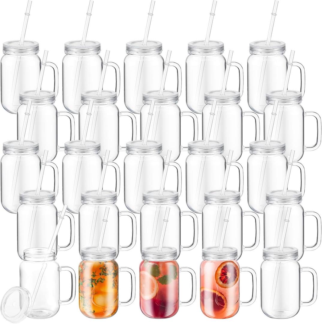 Maxdot 20 Pcs 18.6 oz Plastic Mason Jars with Lids and Straws Wide Regular Mouth Canning Jars Bulk Clear Drink Containers with Caps Juicing Bottles for Halloween Christmas Party Favor(Clear)