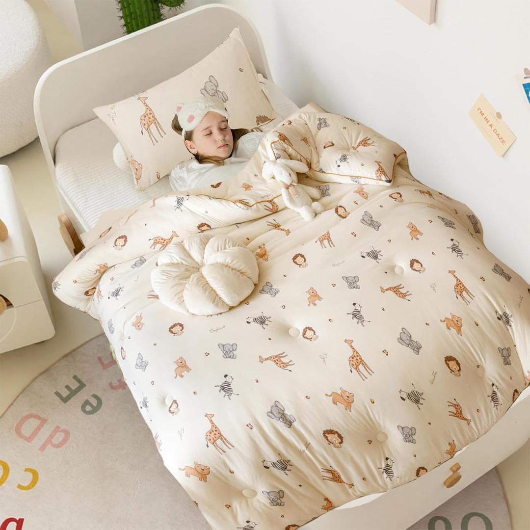MorroMorn Super Soft Toddler Bedding Set, Thick Fluffy Comforter Sets Neutral Bed Set with Pillowcase for Girls Boys Kids Baby, Lightweight Noiseless Warm Cozy for Fall Winter (Cute Animals)