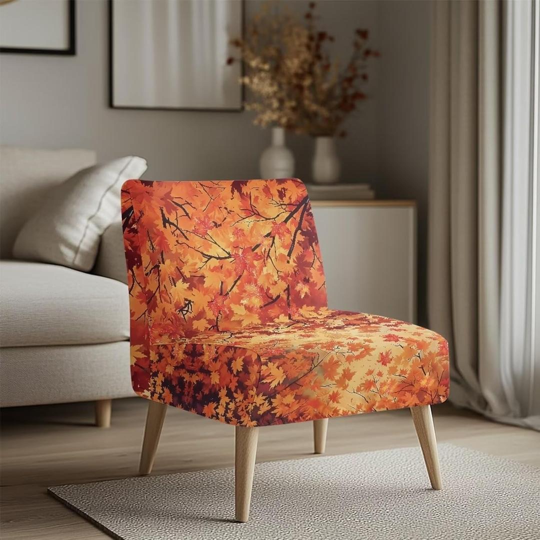 Armless Accent Chair Cover Stretch Removable Printed Maple Leaves Slipper Chair Slipcover Thanksgiving Decorations Furniture Protector for Living Room Bedroom Hotel