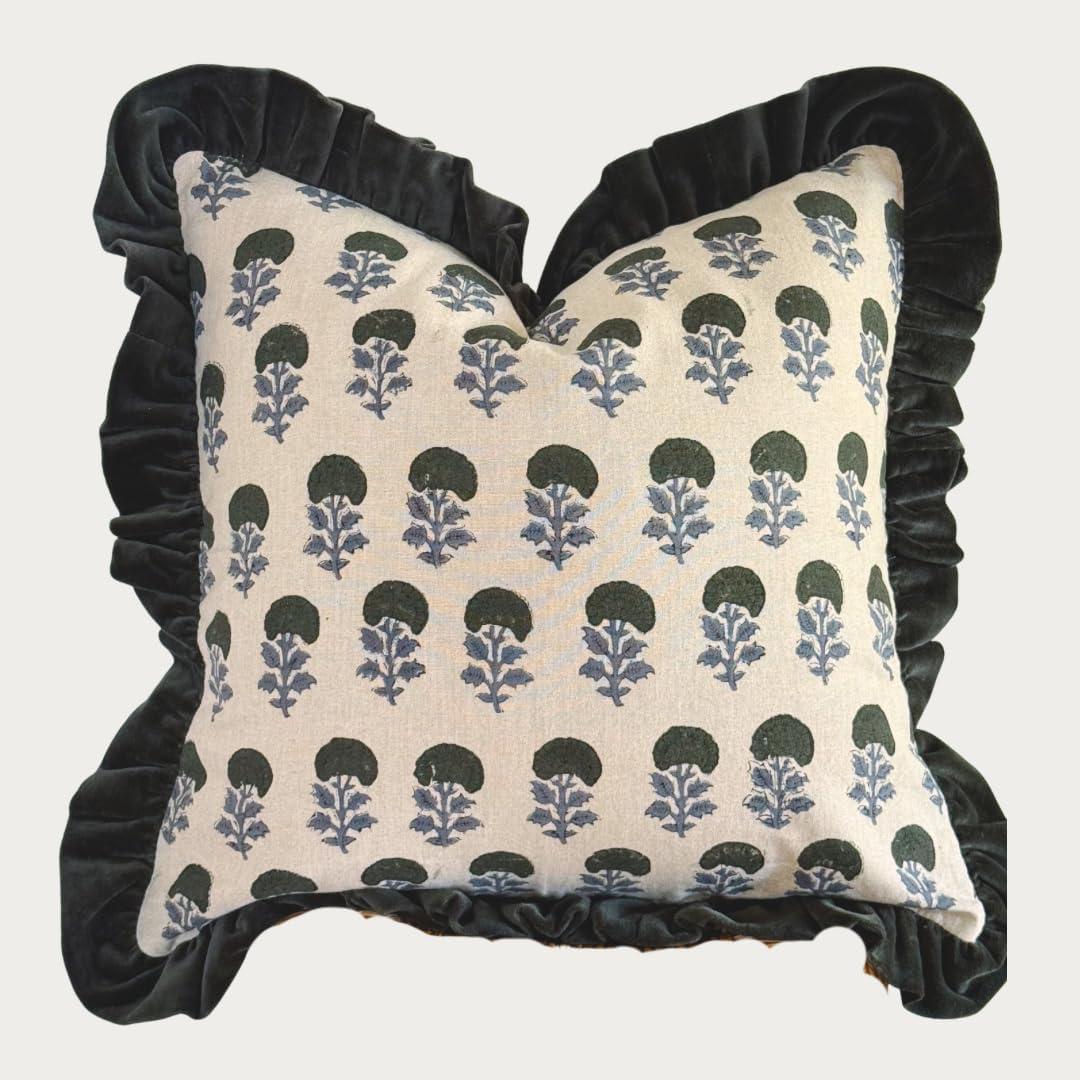Palm & Loom 100% Cotton Linen Cushion Cover - Aira Decorative Throw Pillow Case with Dark Green & Blue with Ruffle - Modern Traditional Living Room, Bedroom Pillow Cover (Neela, 20" x 20" (Pack of 1))